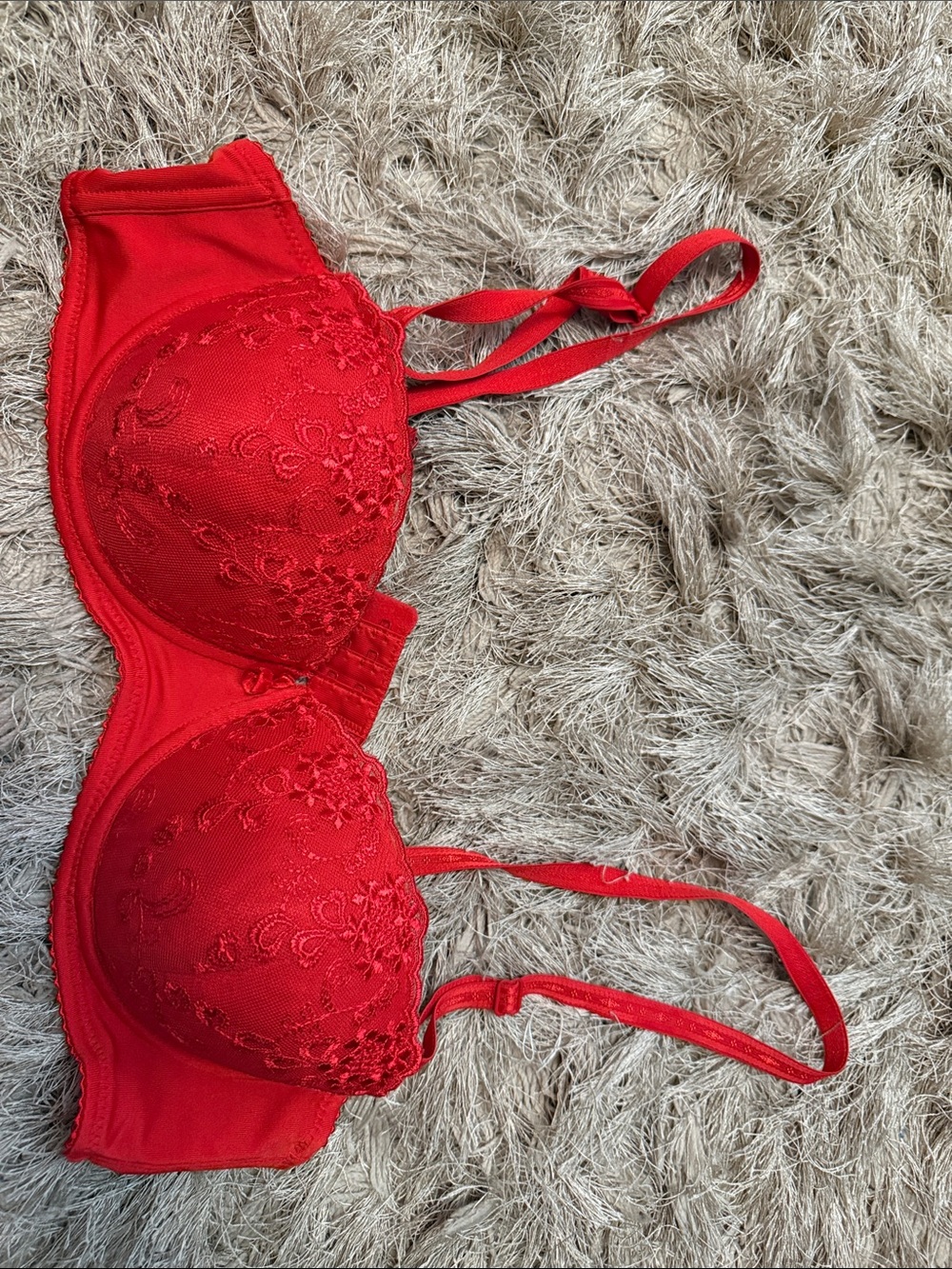 Lace-Embellished Red Underwire Bra with Light Padding
